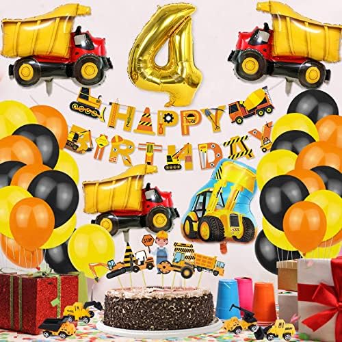 KABAHTOY 4th Birthday Decorations for Boy, Construction Party Supplies, Digger Banner, Dump Truck and Digger Balloons, Cake Toppers, Orange Black Yellow Latex Balloons, Excavator Truck Bulldozer Crane