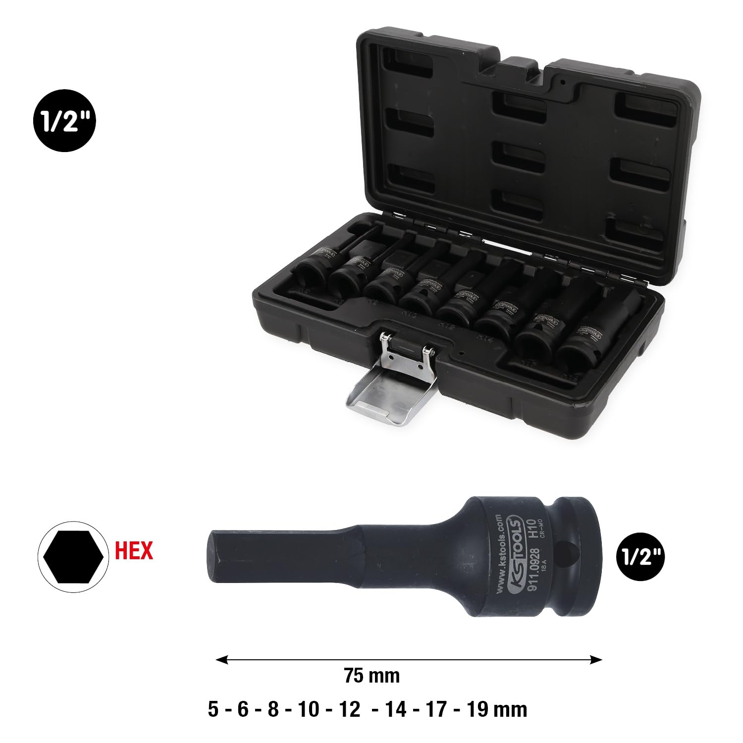 KS Tools - 911.0902 - juego de 8 vasos largos para destornillador de impacto - herramientas de 6 caras - 1/2" - 5-19 mm