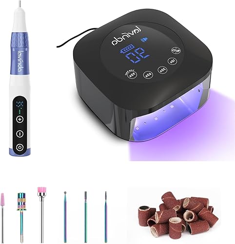 Lavinda Taladro de uñas eléctrico portátil y lámpara LED UV, lima de uñas eléctrica inalámbrica con luz UV de 54 W para uñas acrílicas de esmalte de