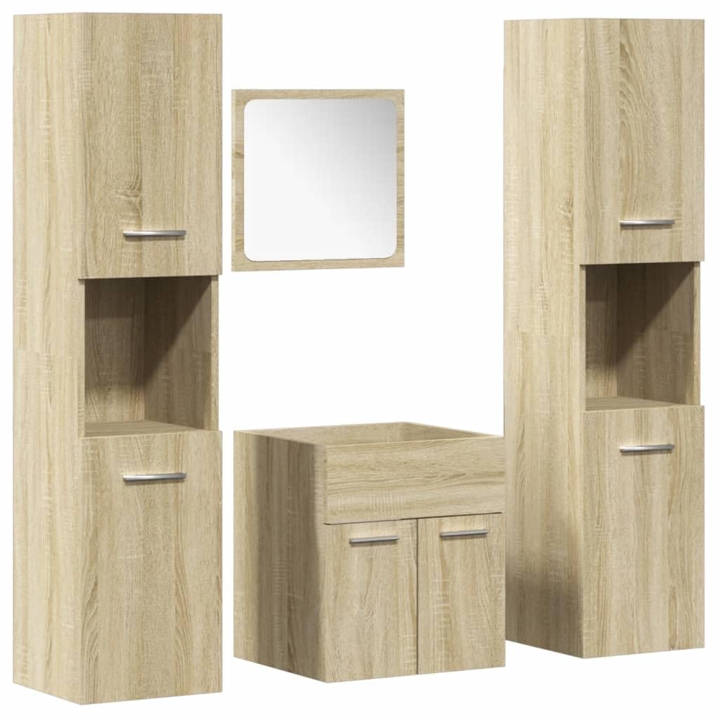 4-TLG. Badmöbel-Set Sonoma-Eiche Holzwerkstoff mit Hochschrank und Spiegel, wandmontierbar, feuchtigkeitsbeständig, klare Glas-Spiegelfläche für Make-up und Rasur