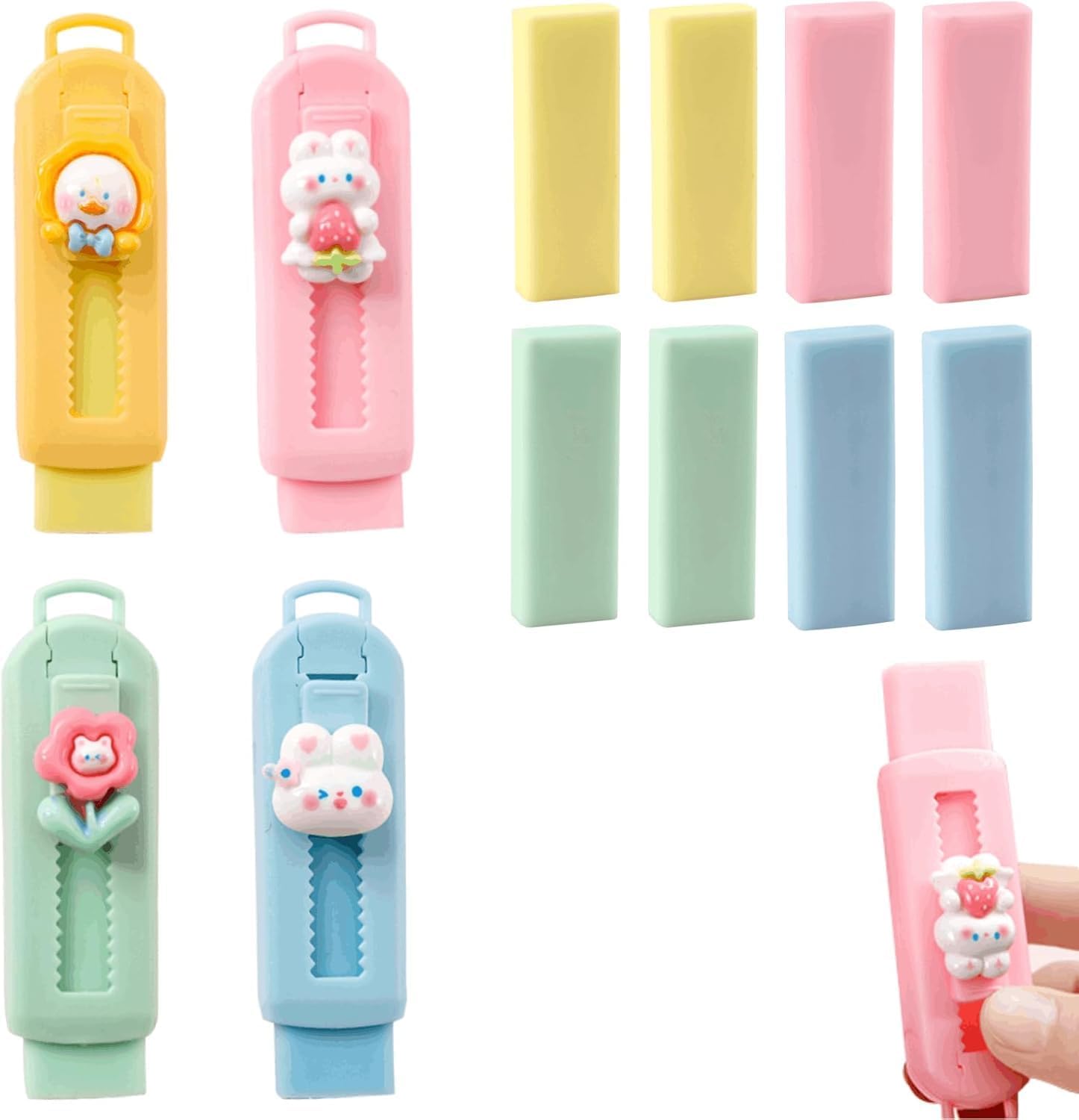 BetterJonny Sliding Retractable Eraser, 4 Color Push Pull Erasers and 8 Refills, Animal Erasers for Pencils Drawing(C)