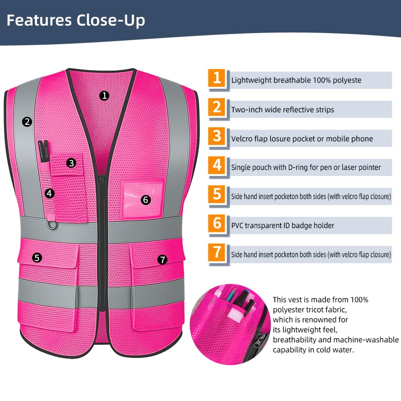 Image of High Visibility Safety Vest with Reflective Strips & Pockets | High Visibility | 360 Reflective Strips | 5 Pockets | Zipper Front | Lightweight Polyester | ANSI /ISEA 107 Class 2 Type R