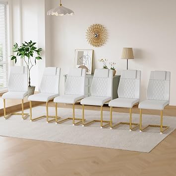 gopop Dining Chairs Set of 6, Modern Dining Room Chair with Electroplated Metal Legs, Kitchen Chairs for Living Room, Upholstered Dining Accent Side Chairs with Faux Leather Cushion Seat.