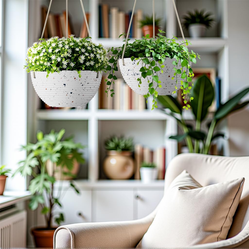 Asnext Wzór w linie, 25 cm, wisząca doniczka do użytku wewnątrz i na zewnątrz, 2 sztuki okrągłych wiszących doniczek na rośliny (cętkowana biel)