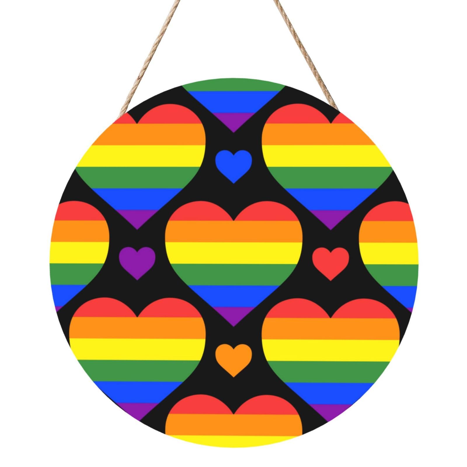 InOmak Rainbow Hearts Gay Pride Flag, Round Wood Panel Painting 12 in, Wall Hanging Painting For Home