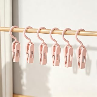 6PCS Laundry Hooks with Clips Hanger Closet Organizer Clamps Socks Boot Bras Towels for Bathroom Wardrobe Kitchen-Pink