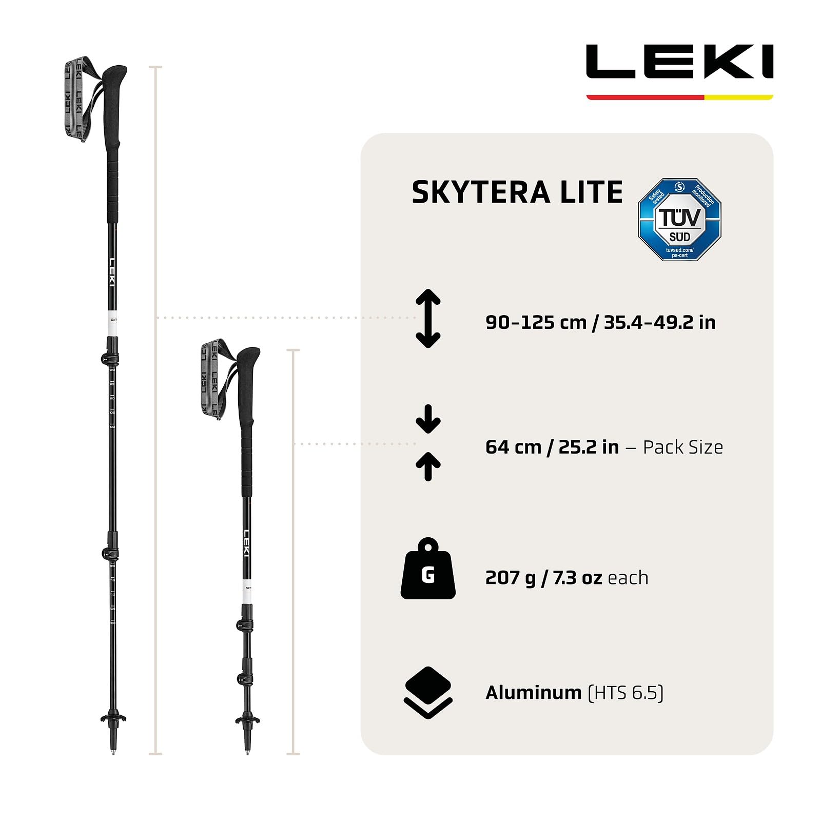 LEKI Skytera Lite - Bastoni da trekking regolabili in alluminio (90-135 cm), con piastra da trekking, comoda impugnatura in schiuma + estensione del manico, serie Performance