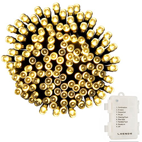 LOENDE Outdoor String Lights Christmas Lights 3AA Battery Operated String Lights 8 Modes 100 LED String Lights for Christmas Tree, Wreath, Party, Patio, Garden, Home, Waterproof, Warm White