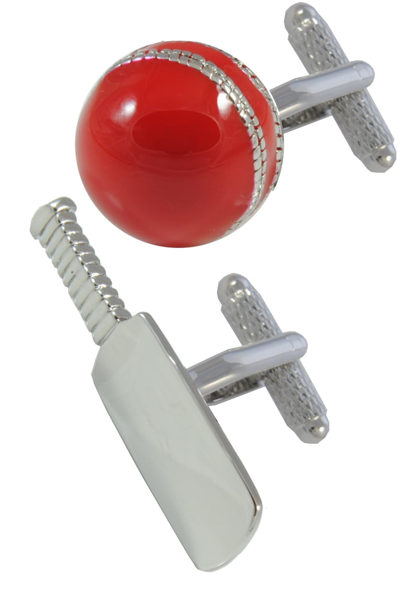 Boutons de Manchette Avec Boîte - Cricket - Batte de Cricket et Une Balle | Pour Homme - Laiton - Couleur Argent et Rouge - Capitaine Arbitre - Une Paire