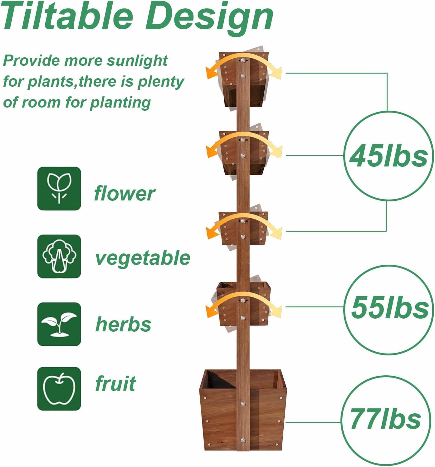 Vertical Raised Garden Bed,5 Tier Wooden Garden Planters,Adjustable Freestanding Plant Stand Flower Rank,Wooden Planters for Outdoor Indoor Balcony Garden,Herb Vegetables Flowers,33x17x66,Brown