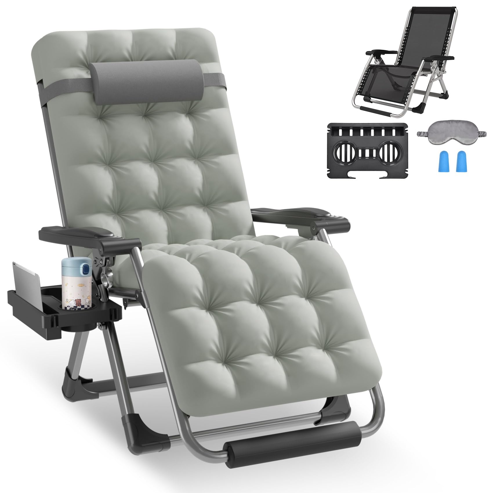 Slendor Zero Gravity Chairs,26" Padded Zero Gravity Recliner, Lounge Chair for Outside, Lawn Patio Chair with Aluminum Alloy Lock, Foot Rest, Cup Holder, Support 440lbs, Gray