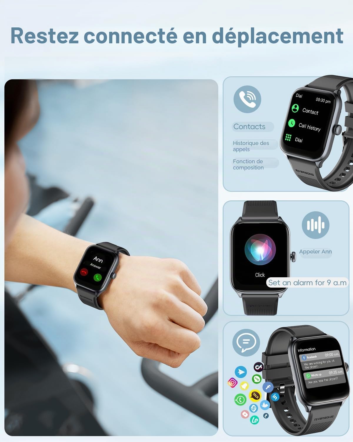 RIVERSONG Montre Connectée Homme Femme avec Appel Bluetooth, 1,85" Smartwatch, 100+ Modes Sportifs, Moniteur de Pouls/Sommeil/SpO2, Assistant Vocal, Compatible avec iPhone et Android, Gris Sidéral