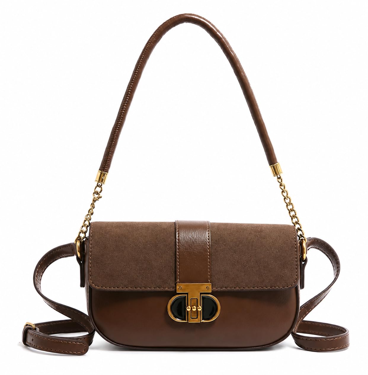 Brown Leather Shoulder Bag with Gold-Tone Turn-Lock Closure-image-18