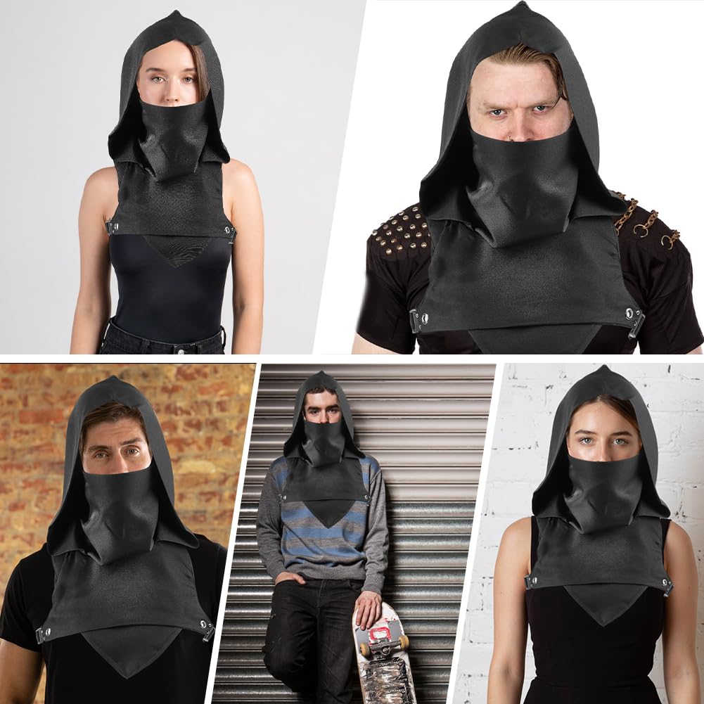 GORGECRAFT Ninja Hooded Cape Hat Black Rogue Cowl Hood Scarf Unisex Steampunk Neck Warmer Costume With Adjustable Arms Buckle Assassin Dress up Cosplay Accessory for Halloween and Outdoor - Image 4