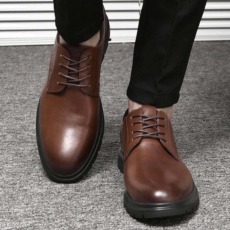 Men's Genuine Leather Platform Oxfords Men Fashion Slip-On Pointed Toe Non Slip Mid Chunky Heels Formal Dress Loafers Low Top Work Dress Shoes3