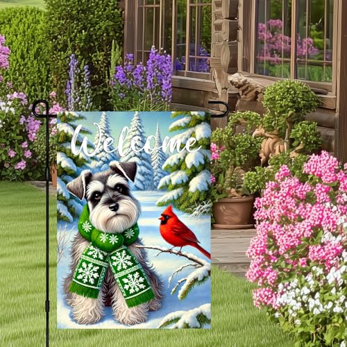 Image of BlissYard Winter Garden Flag Schnauzer Forest 12x18 Inch Polyester