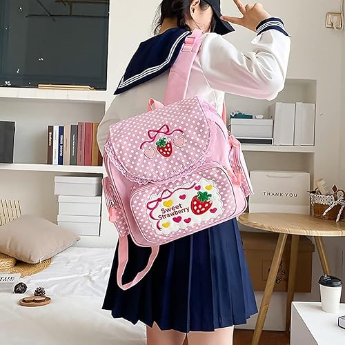 Vista 6 de Mochila Kawaii con bordado de fresas para niñas, adolescentes, estudiantes, mochila escolar, linda mochila JK de encaje rosa