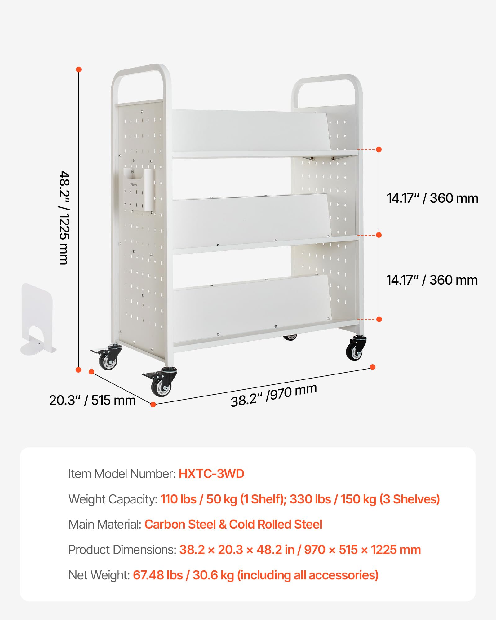 VEVOR Carro para Libros de 3 Niveles Estantería de Libros con Ruedas 97 x 51,5 x 122,5 cm Estante de Almacenamiento en Forma de W Doble Cara Carro Rodante para Biblioteca, Oficina, Escuela, Blanco