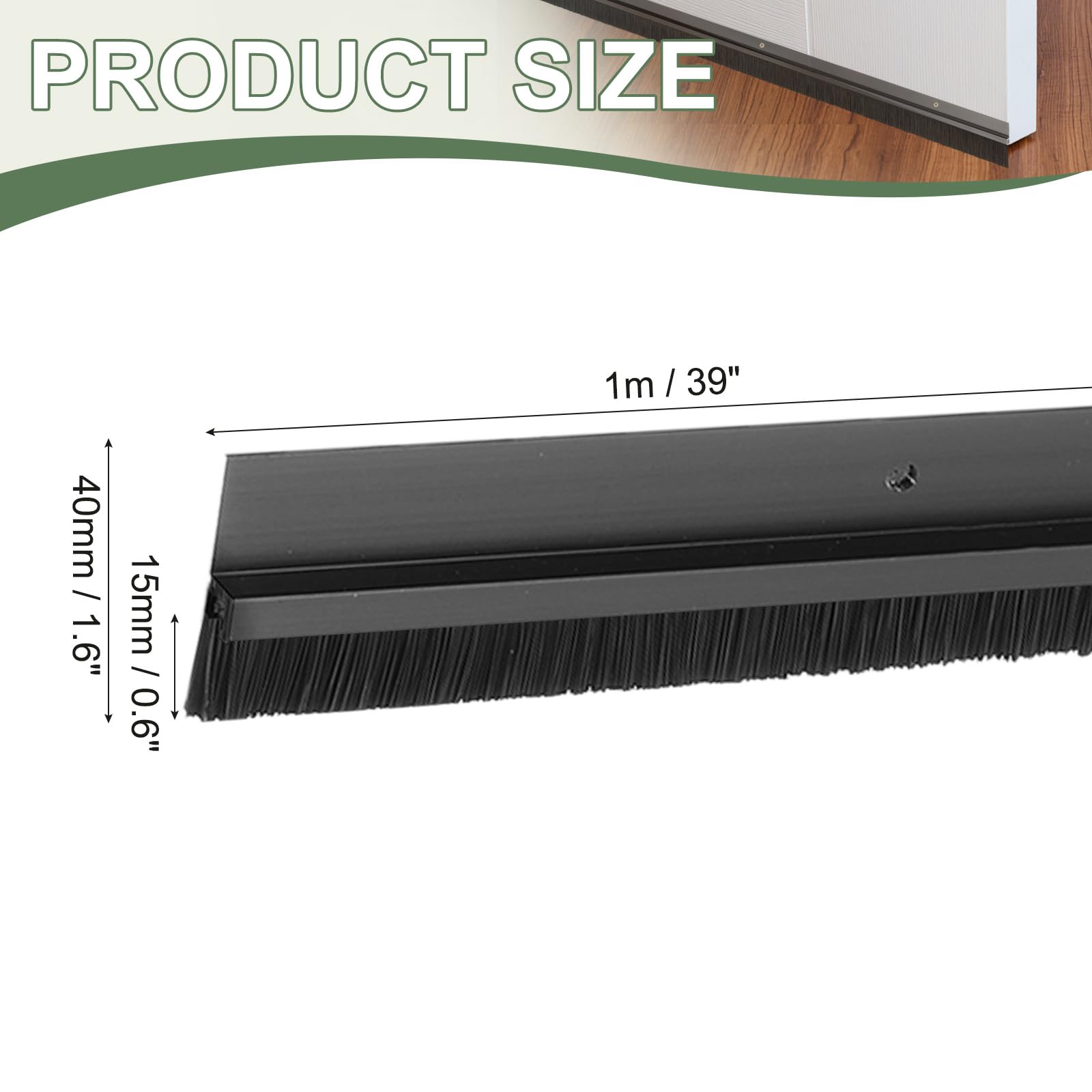 YELARXI Door Sweep Aluminum Alloy Brush Sweeps, 0.6 Inch Black PP Brush 39"L x 1.6"W Fit for Gaps of Door Bottom - Image 2