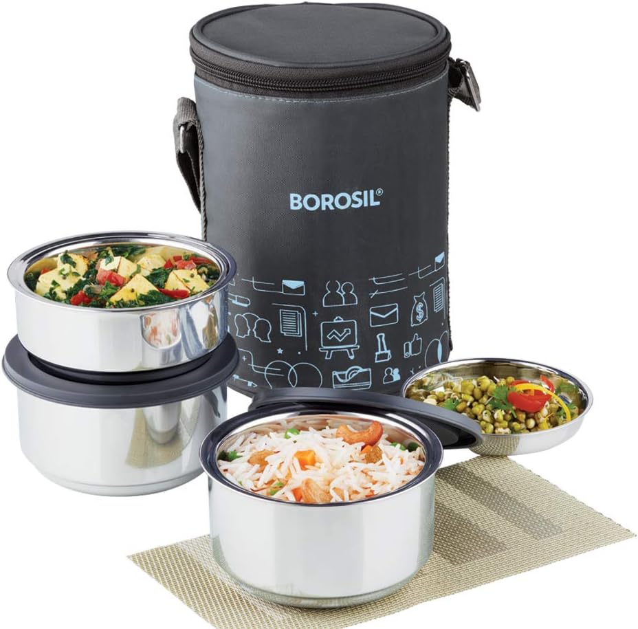 Borosil Carry Fresh Stainless Steel Lunchbox | 3pc Set (280ml x 2 + 180 ml x 1) | Tiffin for Office, School & College with Food Grade Steel | Leakproof | 1 Year Warranty