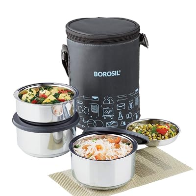 Borosil Carry Fresh Stainless Steel Lunchbox | 3pc Set (280ml x 2 + 180 ml x 1) | Tiffin for Office, School & College wi