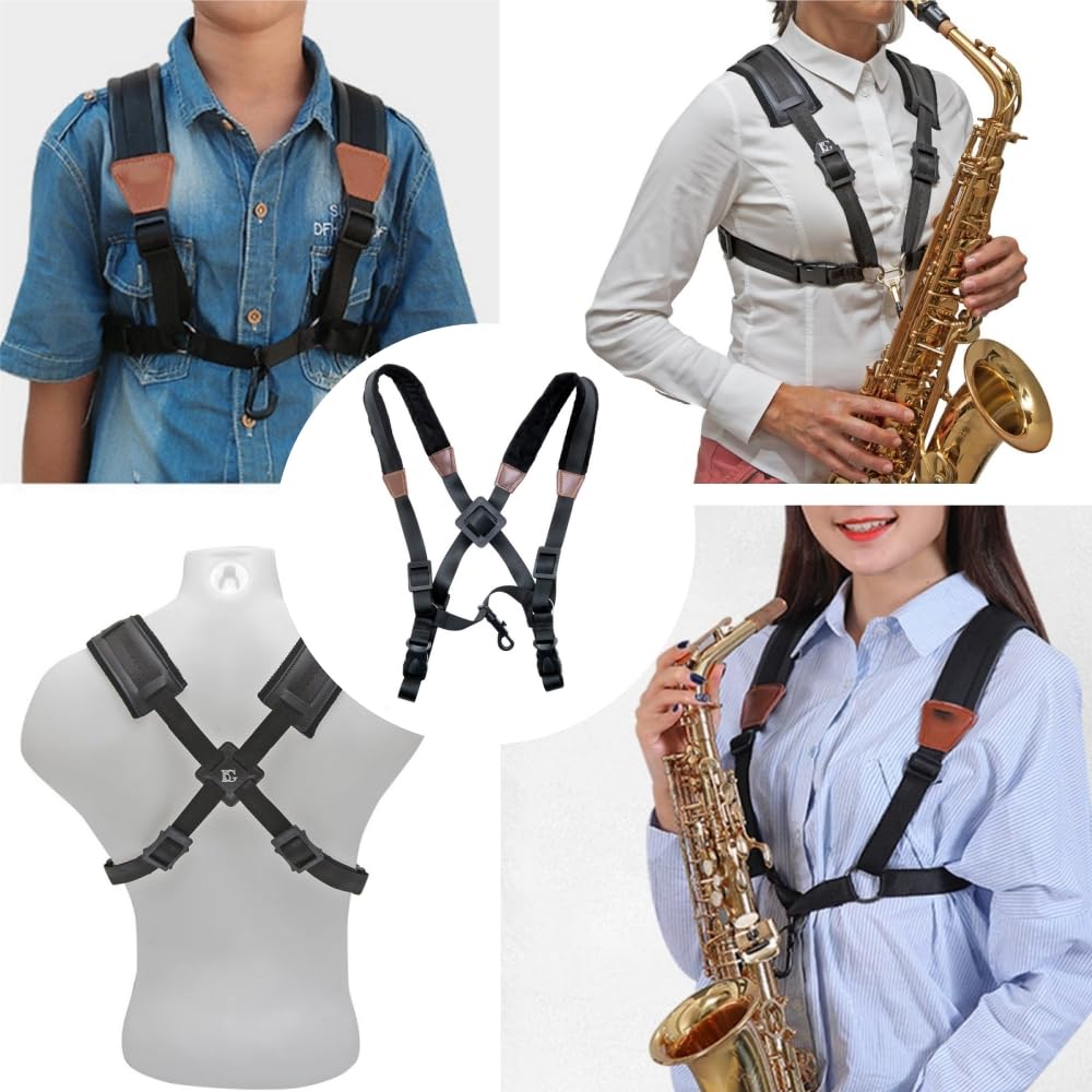 Harnais Sangle de Saxophone,saxophones en cuir authentiques, universel, double épaule, cou sans pression, saxophone et bandoulière basse, Noir, L