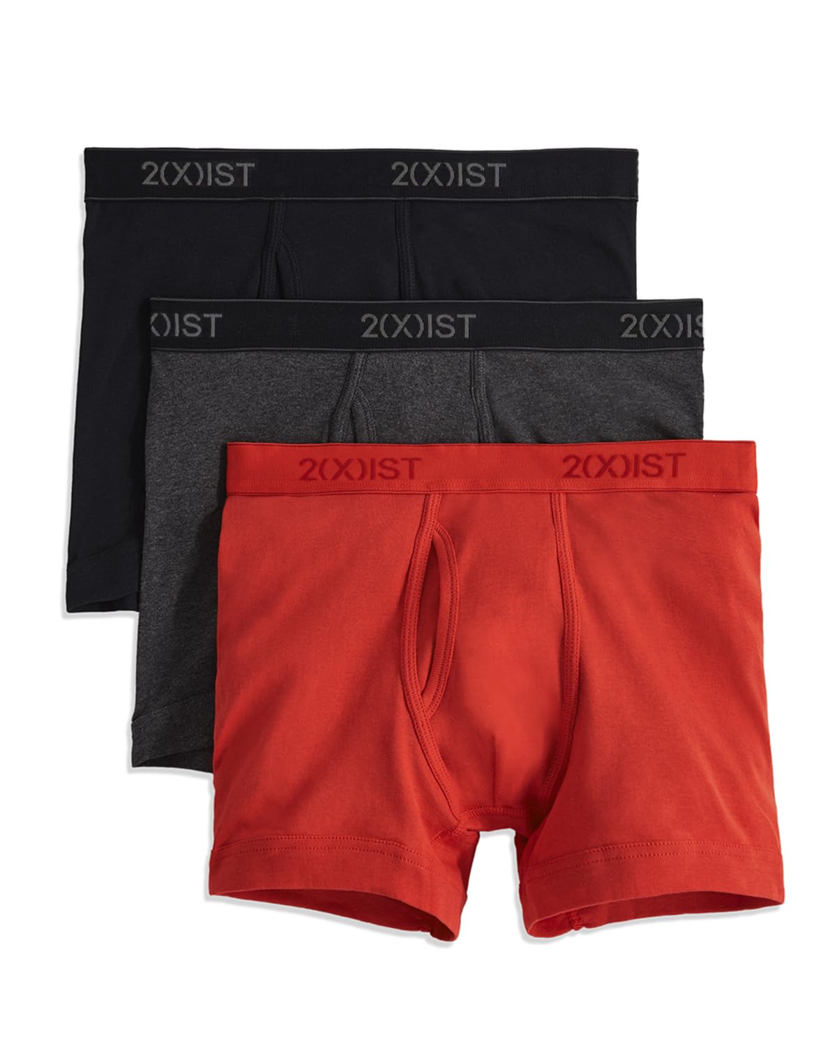2(X)IST Men's Essential Cotton Boxer Brief 3-Pack, Black/Charcoal Heather/Poppy Red, XL
