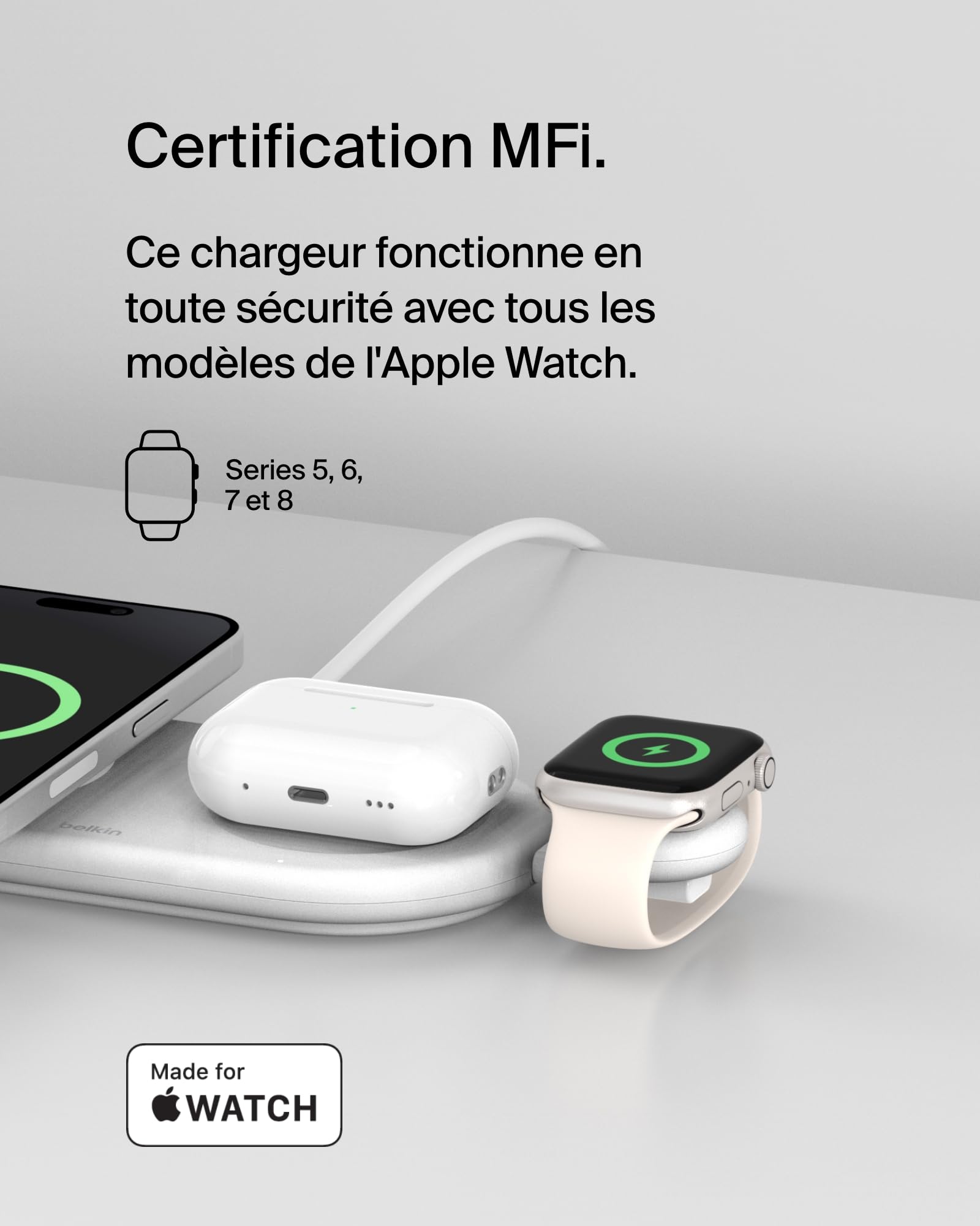 Belkin BoostCharge Chargeur Portable USB-C pour Apple Watch, Certification MFi, pour Apple Watch Series 11, 10, 9, 8, 7, Ultra, Produit Compatible avec MacBook, iPhone 17, Air, 16, 15 - Blanc