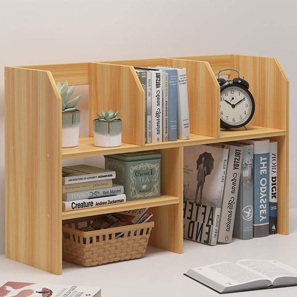 QinWenYan Desktop Bookshelf Wood Small Bookcase Freestanding Desk