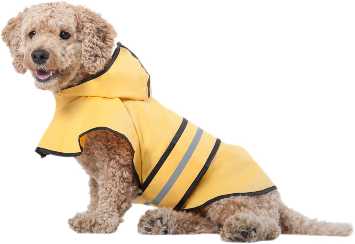 Fashion Pet Dog Raincoat For Large Dog | Dog Rain Jacket With Hood | Dog Rain Poncho | 100% Polyester | Water Proof | Yellow w/Grey Reflective Stripe | Perfect Rain Gear For Your Pet by Ethical Pet