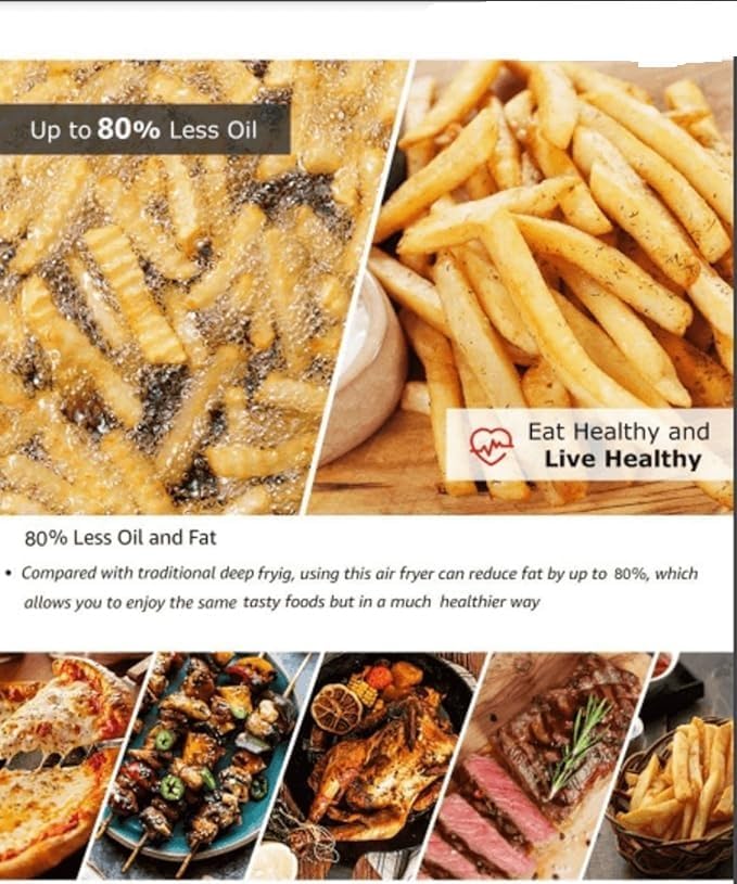 Comparison of deep frying vs air frying, showing various air-fried foods