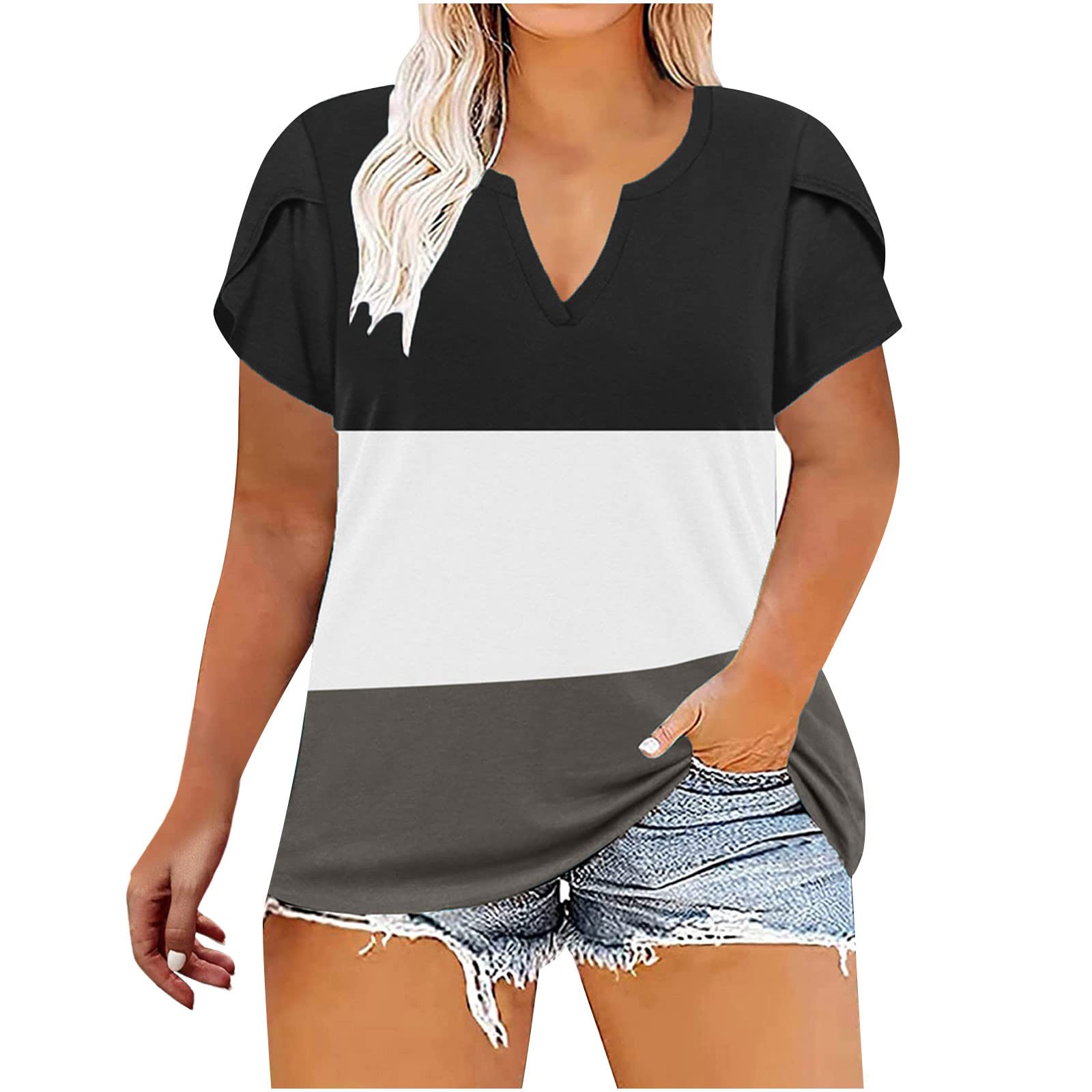 GenericWomens Plus Size Tops Loose V-Neck Striped Printed Short Sleeve Shirts Cute Summer T-Shirt Tops Blouse Tunic Tops