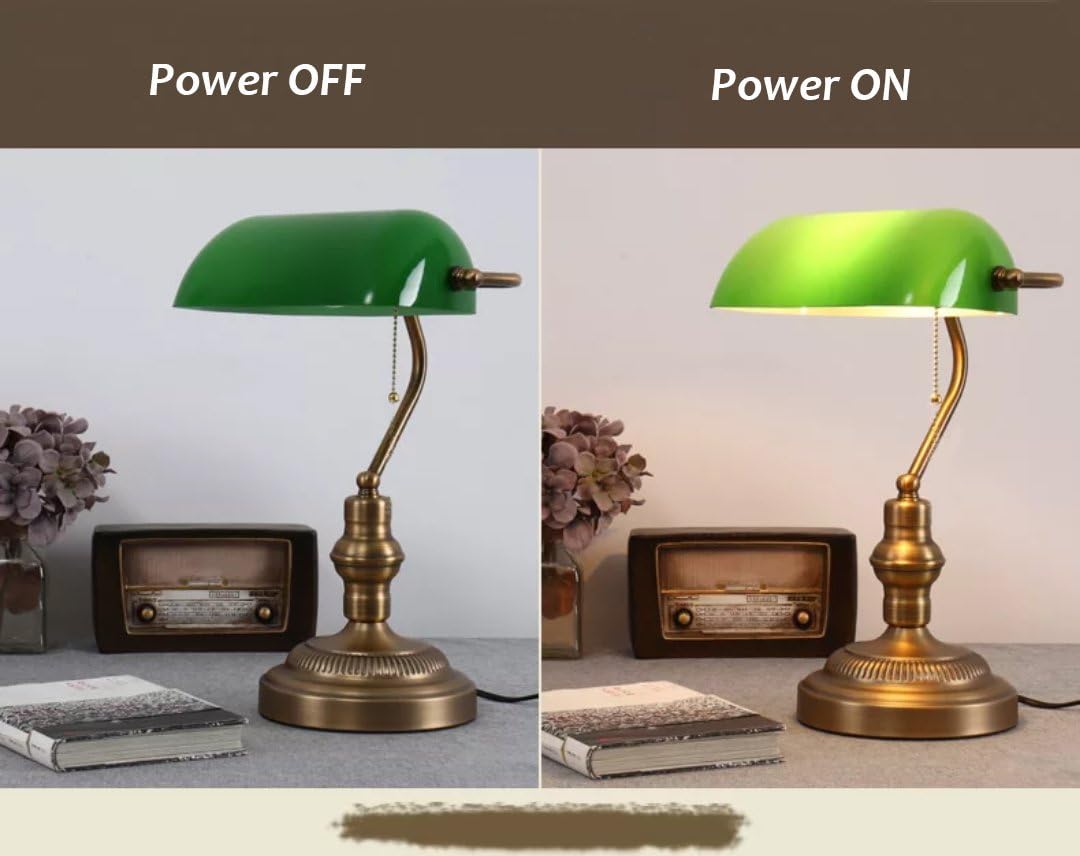 ASOKO Traditional Bankers Lamp, Brass Base, Handmade Emerald Green Glass Shade,Vintage Office Table Light, Antique Style Desk Lamps for Office, Library, Study Room (Brass)(No Bulbs Included)