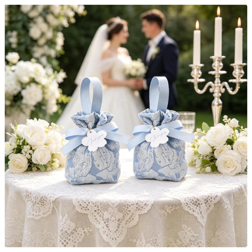 Hochzeit Geschenktüte Bonbonsbeutel Kleine Stoffbeutel mit Kordelzug und Henkel Geschenktasche mit Karten Geschenkbeutel Kordelzugbeutel für Hochzeiten Geburtstag Party Champagner 50 Stück