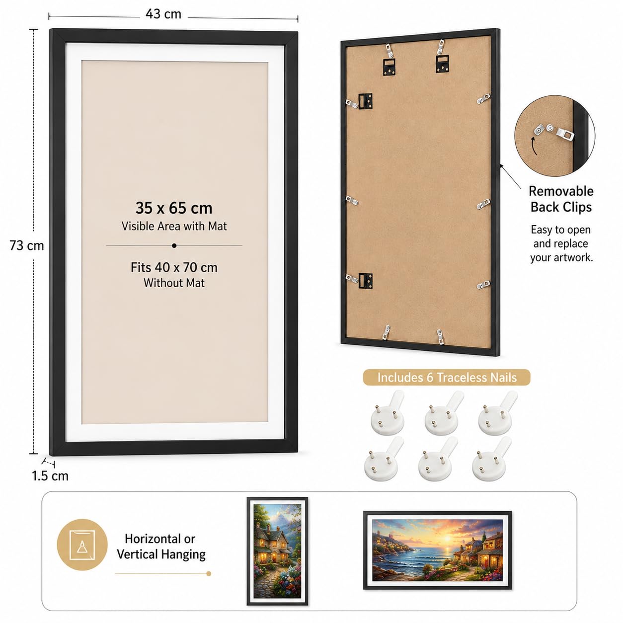 15,7x27,5 Zoll/40x70CM Groß Diamond Painting/Malen nach Zahlen MDF Bilderrahmen,Display 35x65cm mit Passepartout oder 40x70cm Ohne,Rahmen für Hoch- und Querformat Posterrahmen Puzzlerahmen