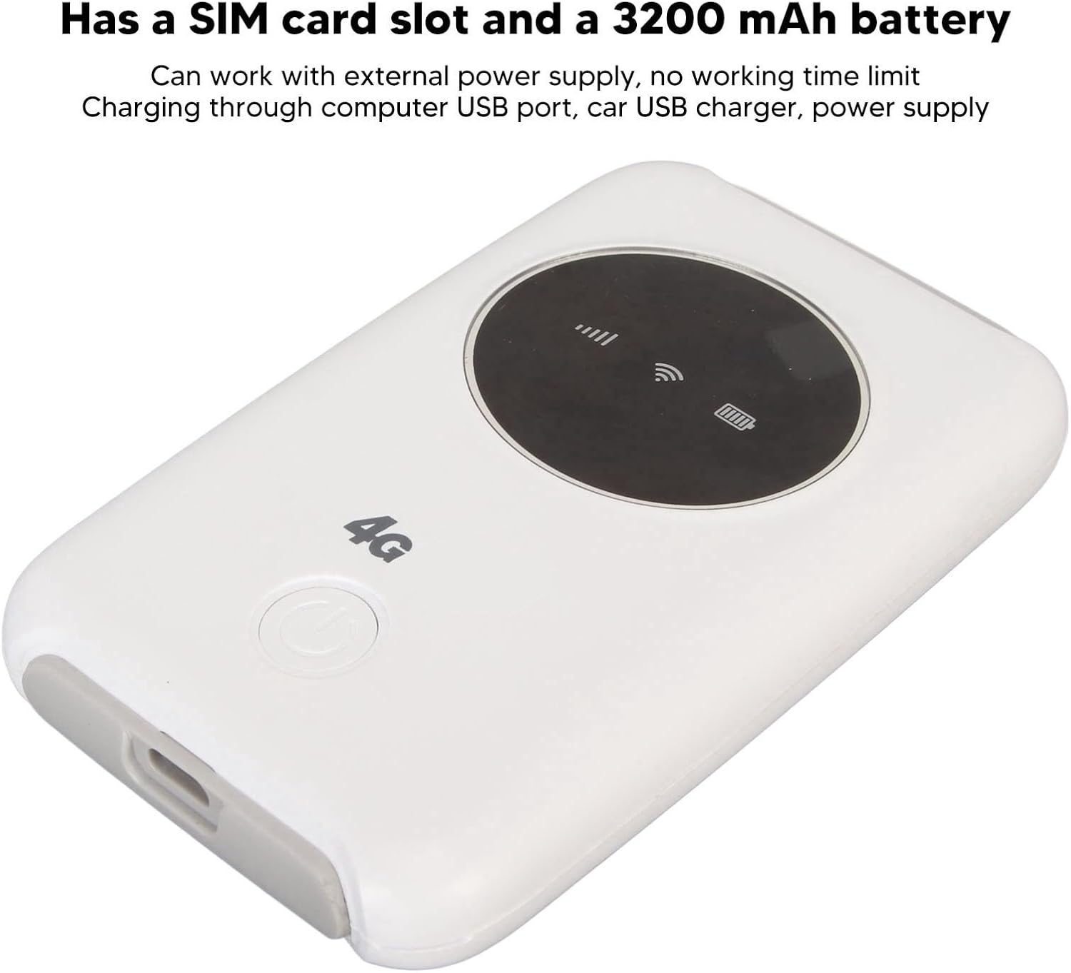 Dpofirs Portable 4G LTE USB Modem Router with text indicating SIM card slot and 3200 mAh battery