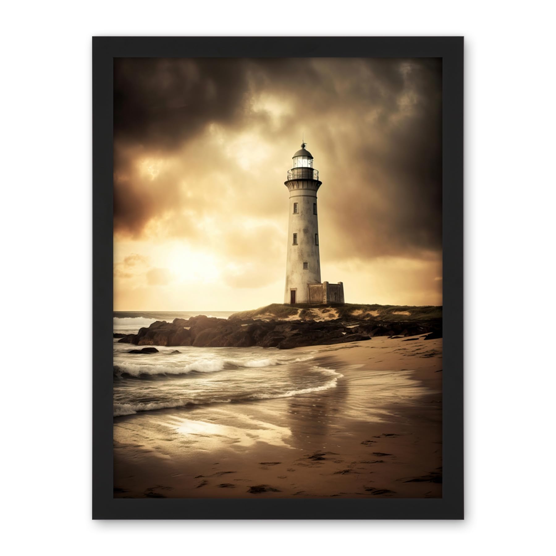 Artery8 Atmospheric Lighthouse Photo Beach Sepia Photograph Atmospheric Sunset Seascape Artwork Framed Wall Art Print 18X24 Inch
