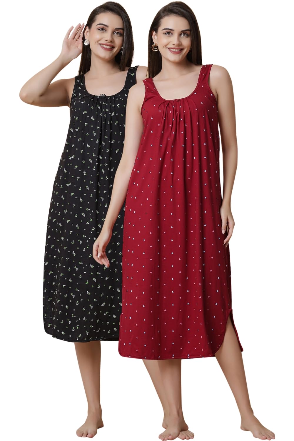 Printed Nighty Slip Gown for Women - 100% Cotton Combed Hosiery, Sleeveless Solid Pattern Maxi Length Nightwear, Soft Fabric.Combo (Pack of 2)-image-5