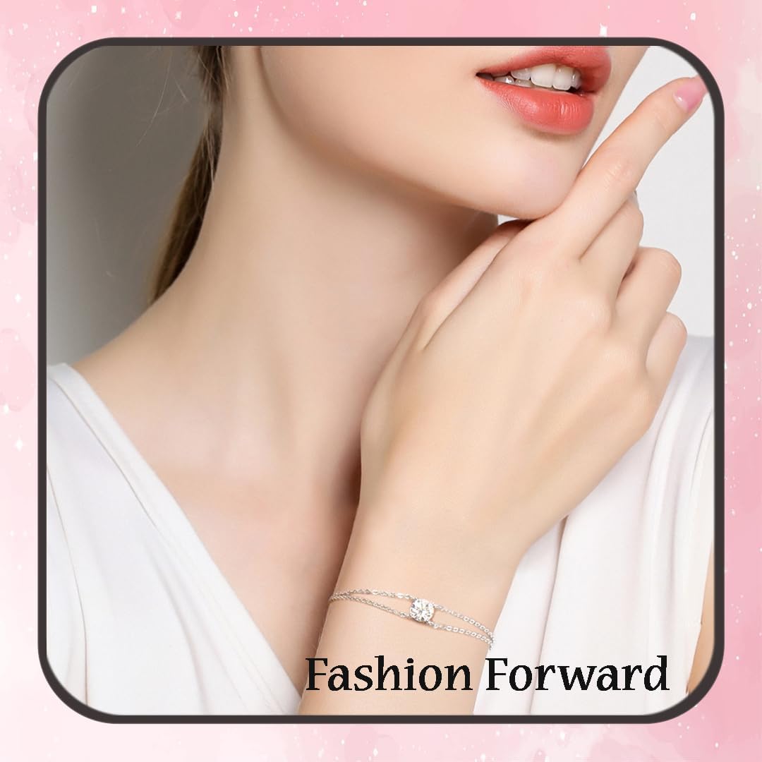Celestrara Jewelry, Exquisite Moissanite & 925 Sterling Silver, double-chain bracelet. Trendy European Design with 1/4-inch (6.5mm), 1ct Certified Moissanite Daimond – Elegant Gift Package Included.