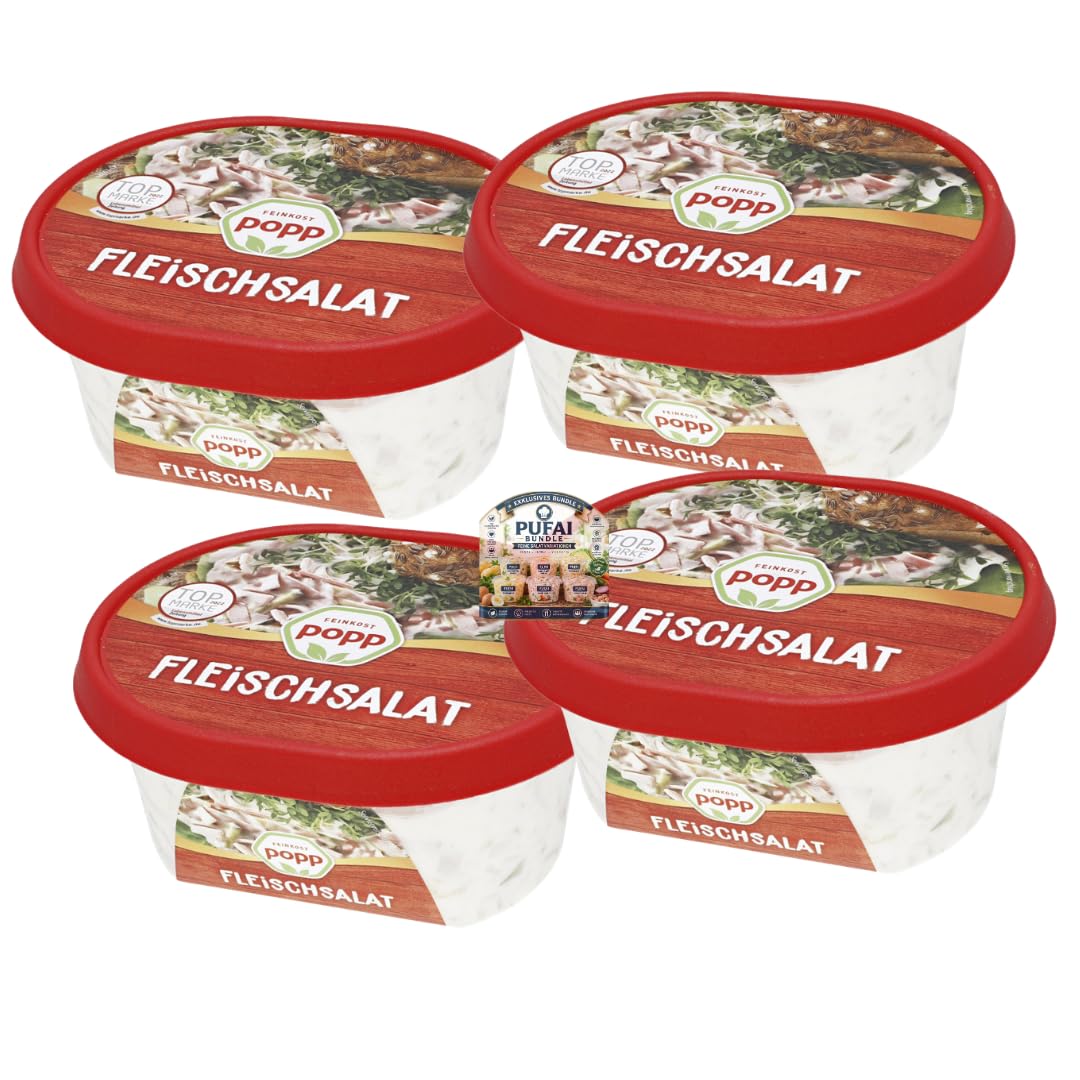 PUFAI Bundle – Fleischsalat 400 g – Cremiger Feinkostsalat mit Fleischbrätstreifen und Gewürzgurken als Beilage und Brotbelag – Vorteilspack 4er-Set