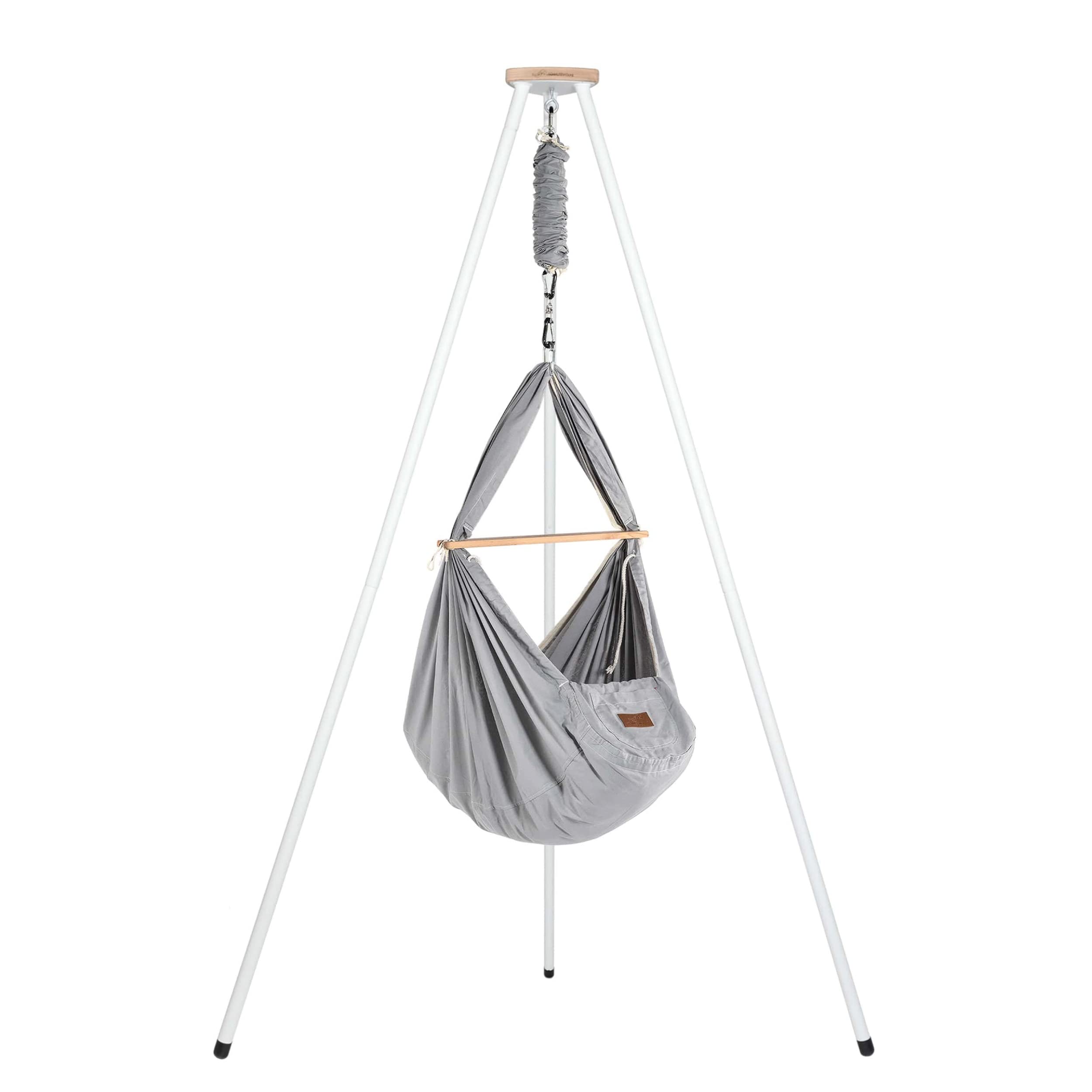 SCHMUSEWOLKE Berceau à ressorts Gris – Ensemble avec cadre en tipi blanc – Hamac pour bébés et tout-petits de la naissance à 3 ans – Coton bio – Avec matelas en laine de mouton