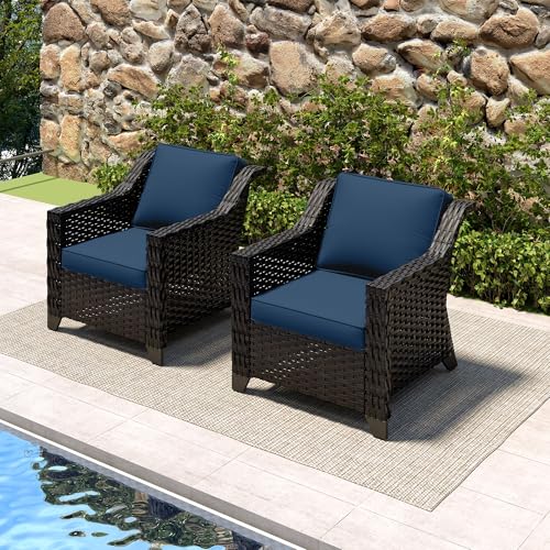 Image of Patio 2 Pieces Wicker Chairs Set of 2,Outdoor PE Rattan Armchairs, Water-Resistant Cushions with Removable and Washable Covers, Porch, Balcony, Sunroom (Navy Blue) | Patio Chair Set with Olefin Removable Cushion, All-Weather Armchairs with Deep Seat for Porch, Deck and Backyard, Blue