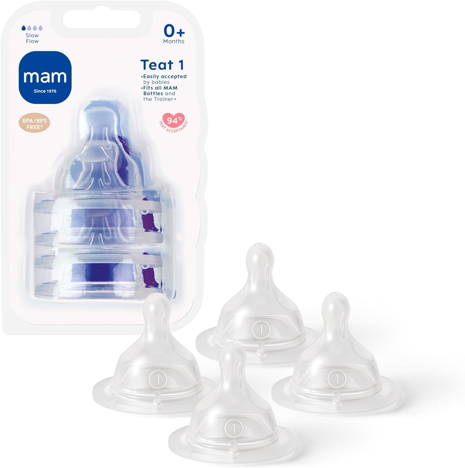 Teats Size 1 | 4 Pack | Slow Flow | Fits All MAM Bottles | Made from SkinSoft Silicone | Baby Accessories for Newborn