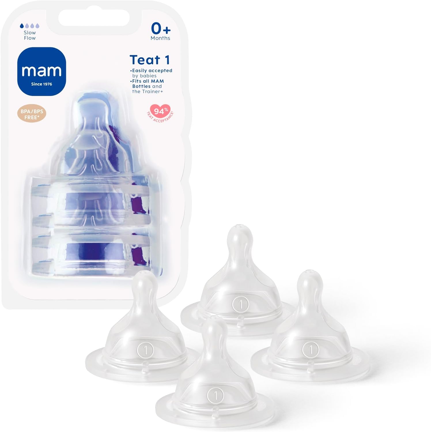 Teats Size 1 | 4 Pack | Slow Flow | Fits All MAM Bottles | Made from SkinSoft Silicone | Baby Accessories for Newborn