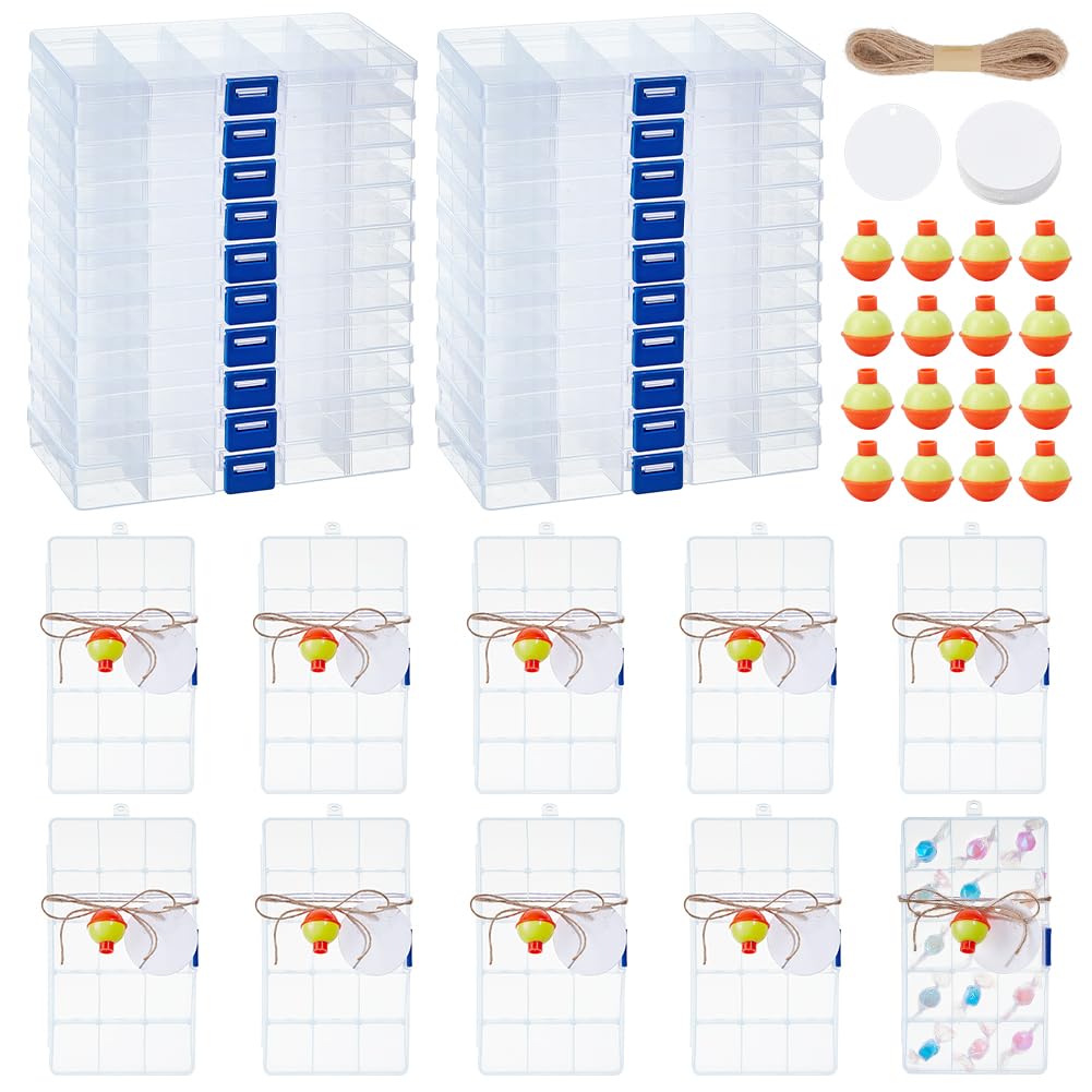 TWINKLEMON 30 Set Fishing Party Favors Candy Tackle Boxes with 30 Orange Yellow Floater 30 Blank Tags 20M Jute Twine, Mystery Fishing Gift Boxes for Gone Fish Theme Birthday Party Supplies Decorations