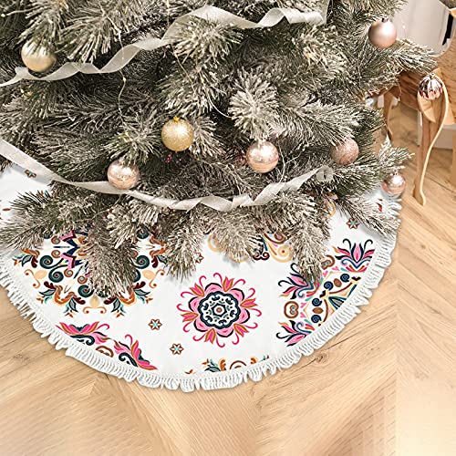 Bvogos Christmas Tree Skirts 36 Inch, Floral Pastel Snowflake Xmas Tree Mat Holiday Party Home Decoration With Tassel #TOP2