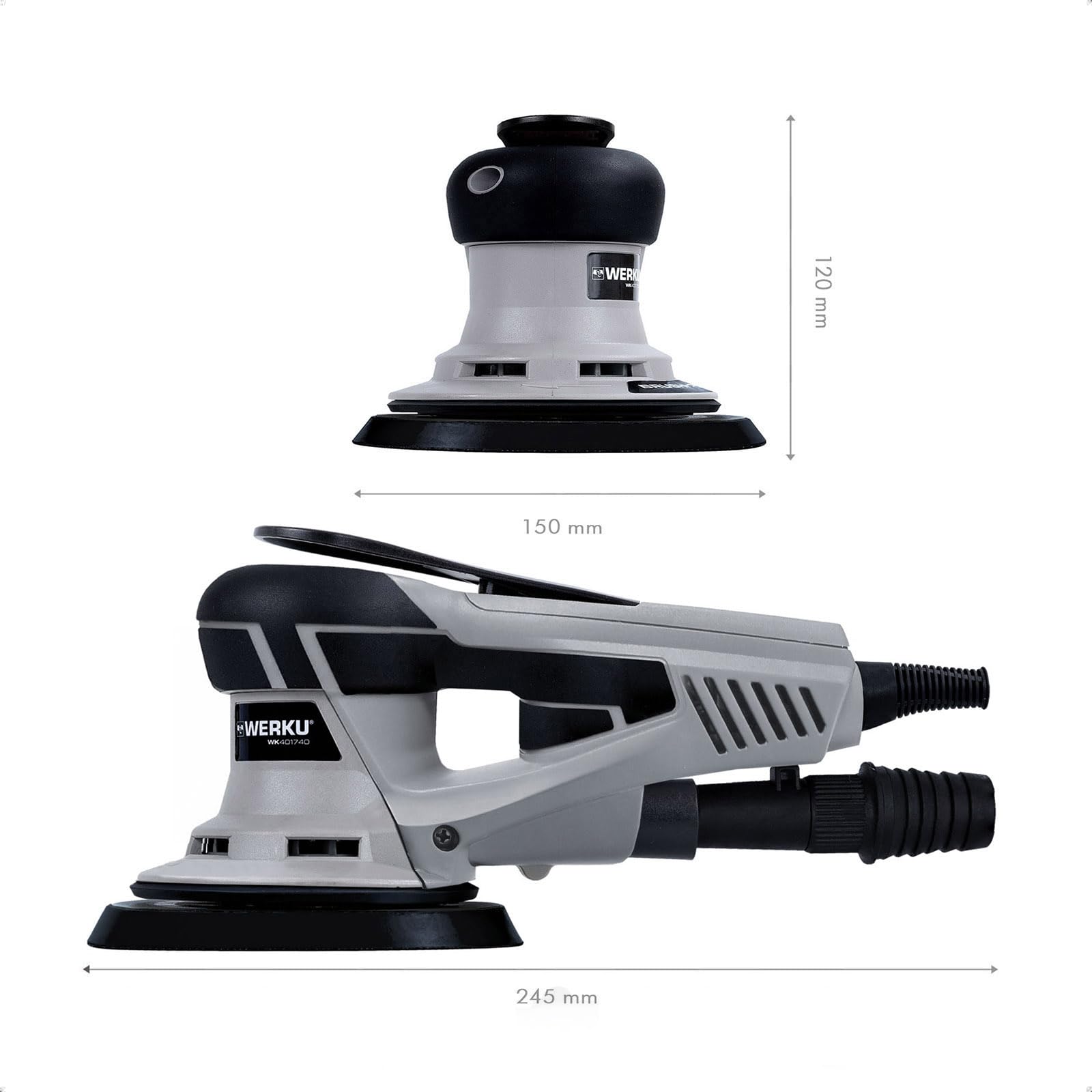 Werku WK401740, Lijadora Circular Rotorbital, Calidad Profesional, Motor Brushless, Potencia 350 W, Disco 150 mm, Órbita 2.5 mm, Incluye Disco Lijado y Manguera Aspiración