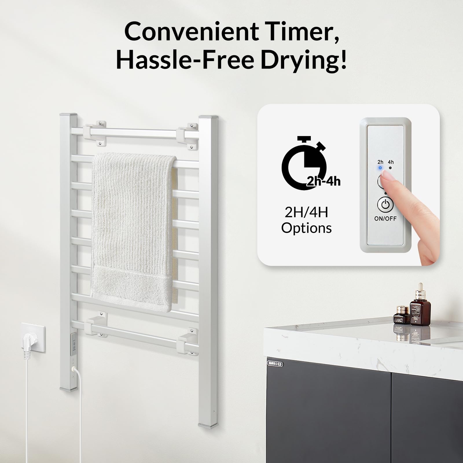 Todeco Scaldasalviette Termoarredo Bagno con Timer, 2in1 da Terra e Parete Asciuga Asciugamani Elettrico, Asciugabiancheria Portasciugamani, Compatto e Versatile, 8 Barres