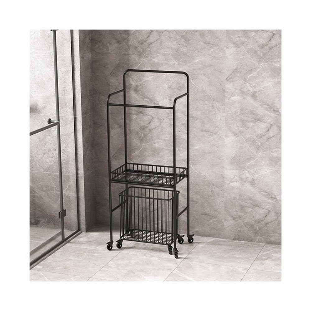 towel rail Light Luxury Movable Bathroom Storage Rack Floor Hotel Bath Towel With Wheels Dirty Clothes Basket(Black)