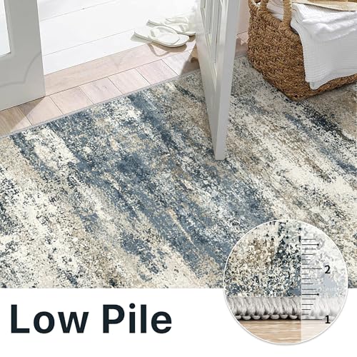 Runner Rug for Hallway Kitchen, 2x12 Machine Washable Runners Rug for Entryway, Soft Modern Abstract Throw Rugs, Low Pile Floor Cover with Non Slip Backing, Navy Beige